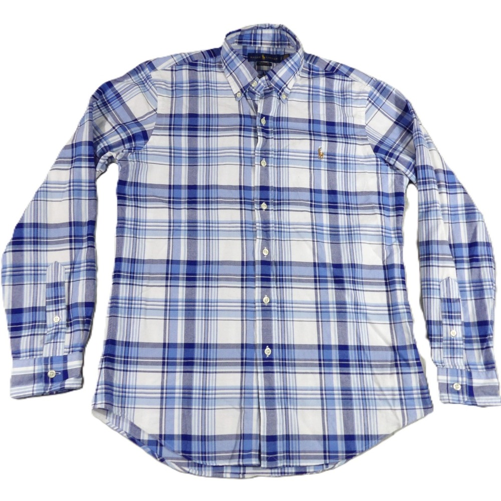 Polo Ralph Lauren Flesh Pony Shirt Men S Classic Fit Blue Plaid Long Sleeve EUC